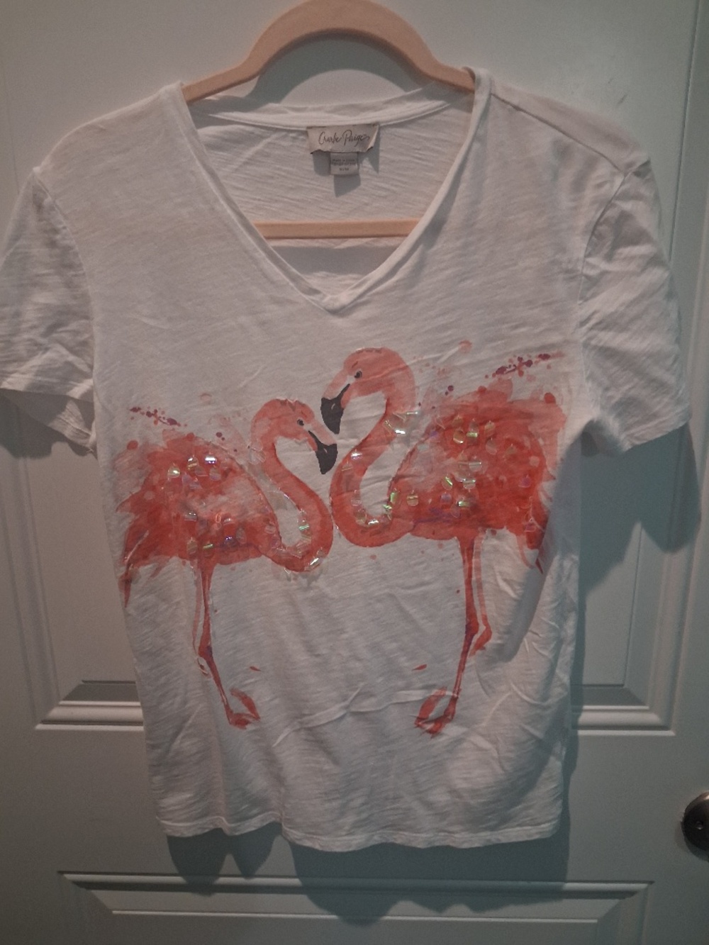 CHARLIE PAIGE COTTON EMBELLISHED FLAMINGO TOP!
